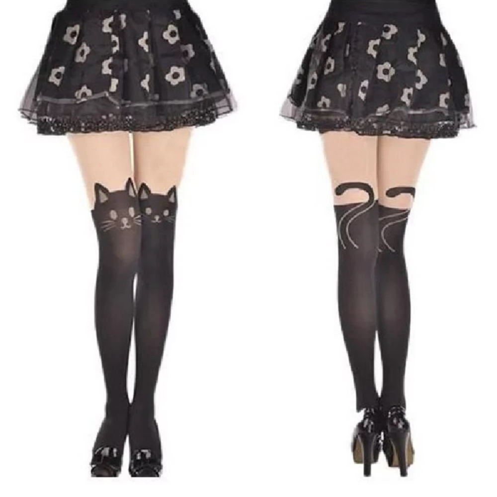 HOT TOPIC cat print hosiery tights black stockings pantyhose pattern costume tan - Picture 2 of 7